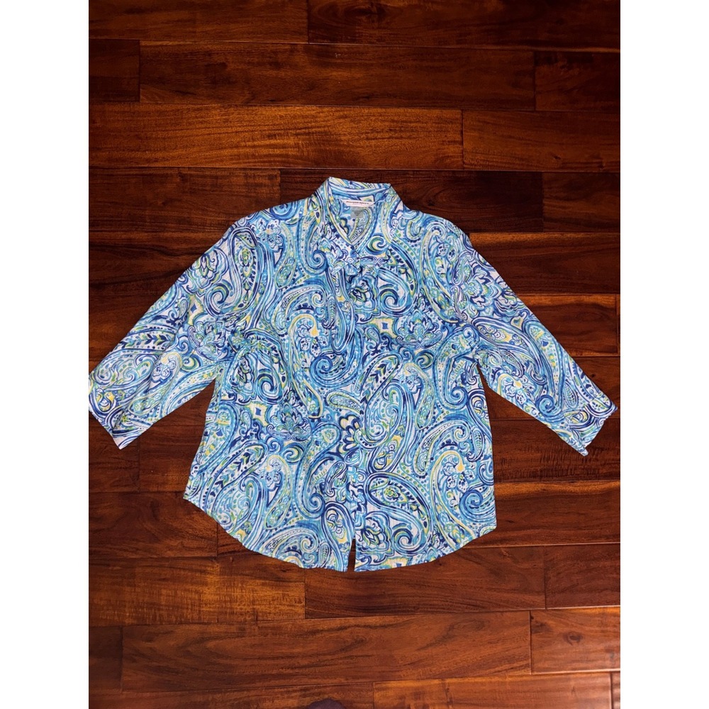 Allison Daley Petite Blue Paisley Button Front Shirt 3/4 Sleeve‎ Size 14P